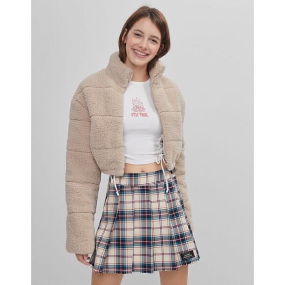 Bershka Cropped Stand Collar Zip Up Teddy Jacket, Size Large - Picture 1 of 16